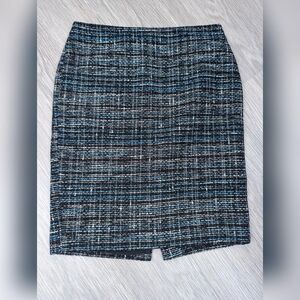 Ann Taylor Factory Petite Black, Blue, White, & Gold Metallic Tweed Pencil Skirt